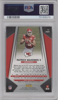 Patrick Mahomes II from the 2017 Panini Prizm set featuring a Disco parallel graded by PSA and given an overall grade of 10.