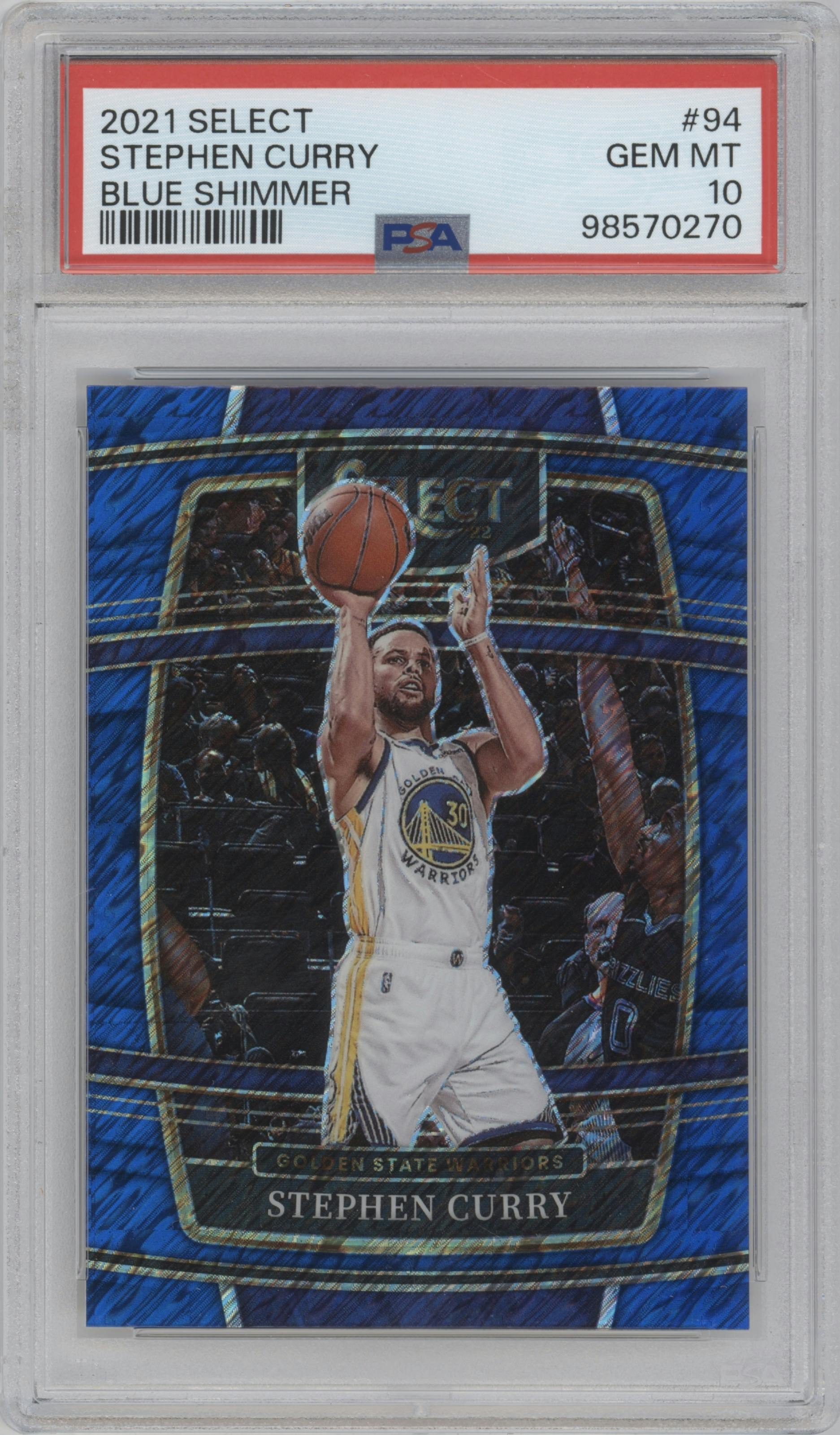 Stephen Curry from the 2021-22 Panini Select set featuring a Blue Shimmer
 parallel graded by PSA and given an overall grade of 10.