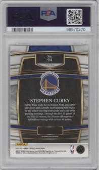 Stephen Curry from the 2021-22 Panini Select set featuring a Blue Shimmer
 parallel graded by PSA and given an overall grade of 10.
