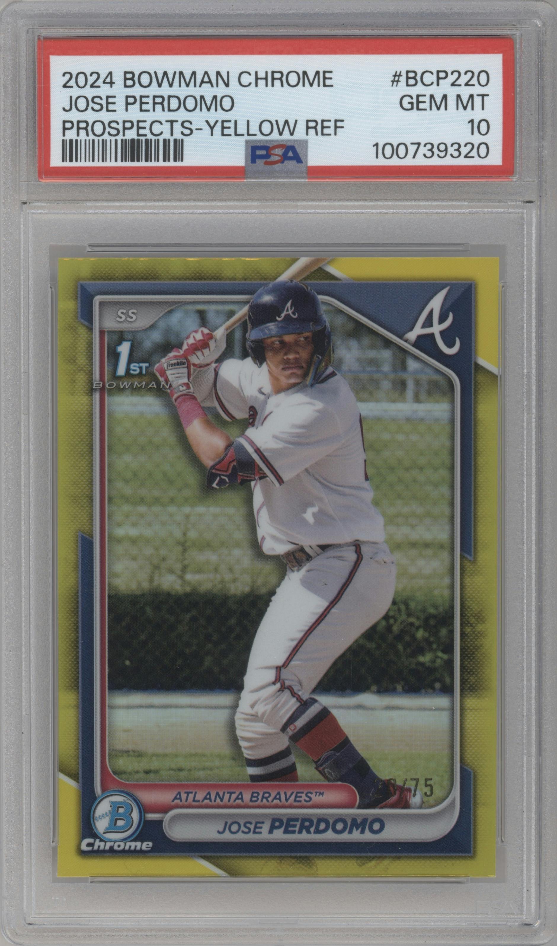 Jose Perdomo from the 2024 Bowman Chrome set featuring a Yellow Refractor parallel graded by PSA and given an overall grade of 10.