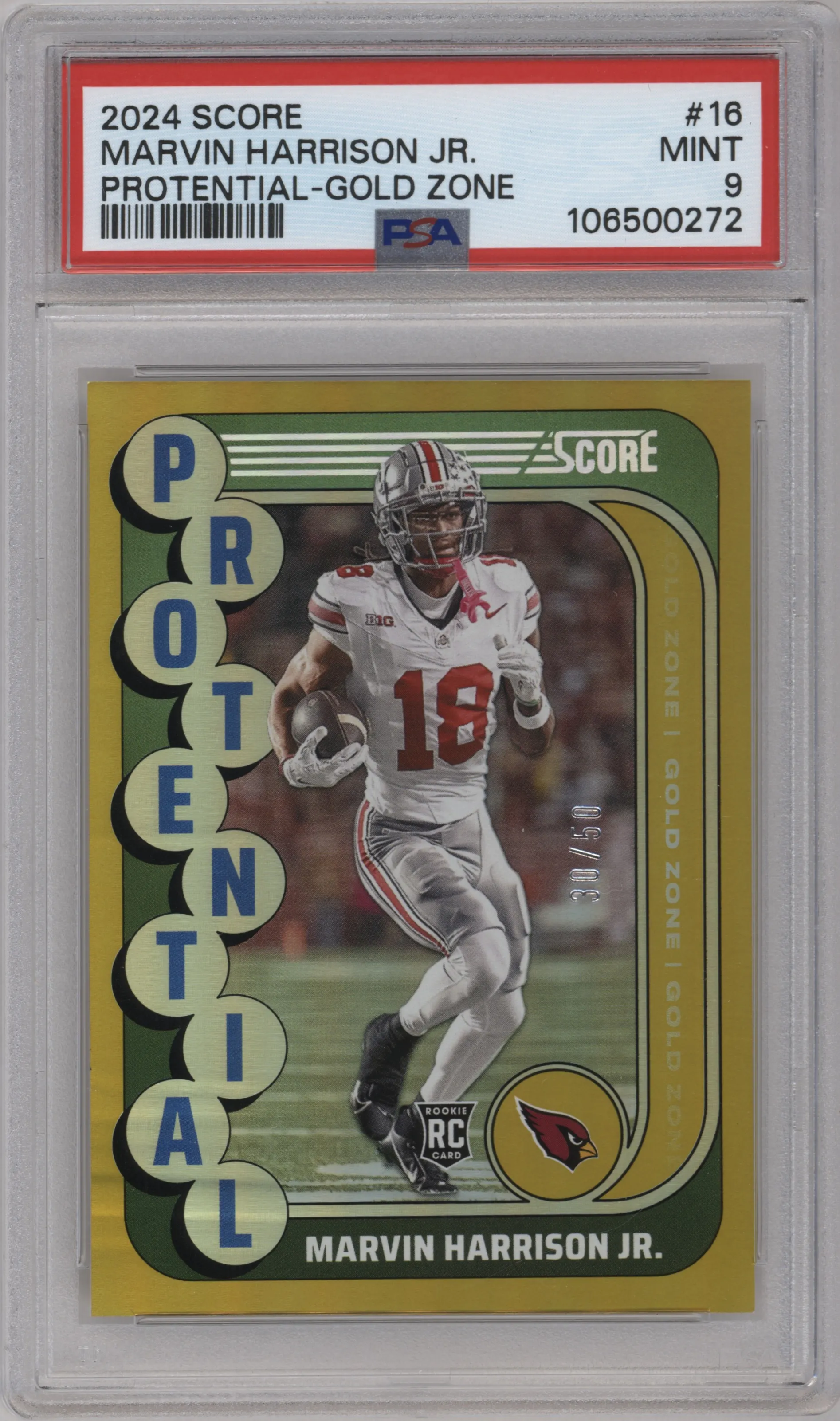 2024 Panini Score Protential Marvin Harrison Jr. Gold Zone #16 PSA 9