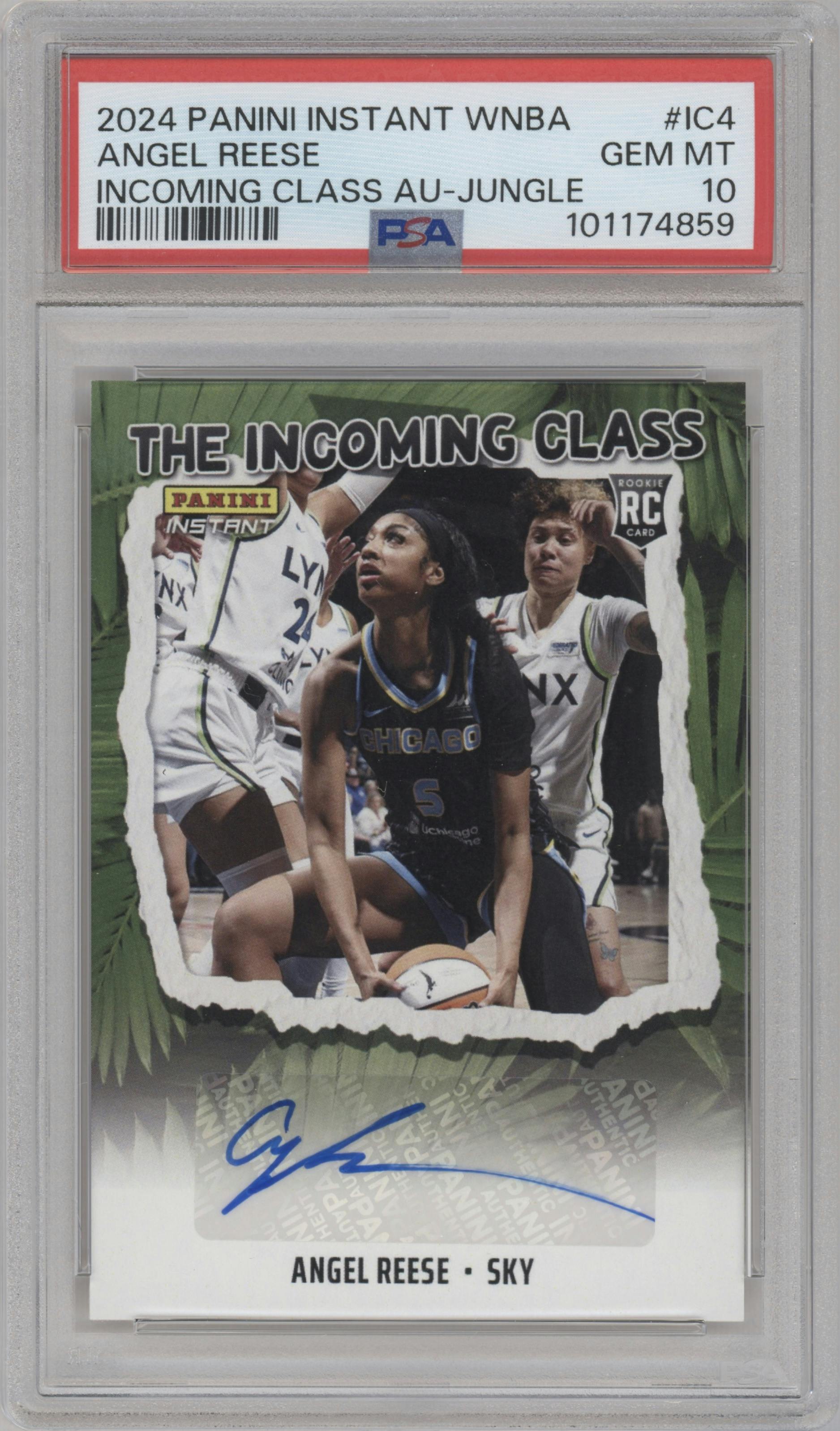 Angel Reese from the 2024-25 Panini Instant WNBA set featuring a Jungle parallel graded by PSA and given an overall grade of 10.