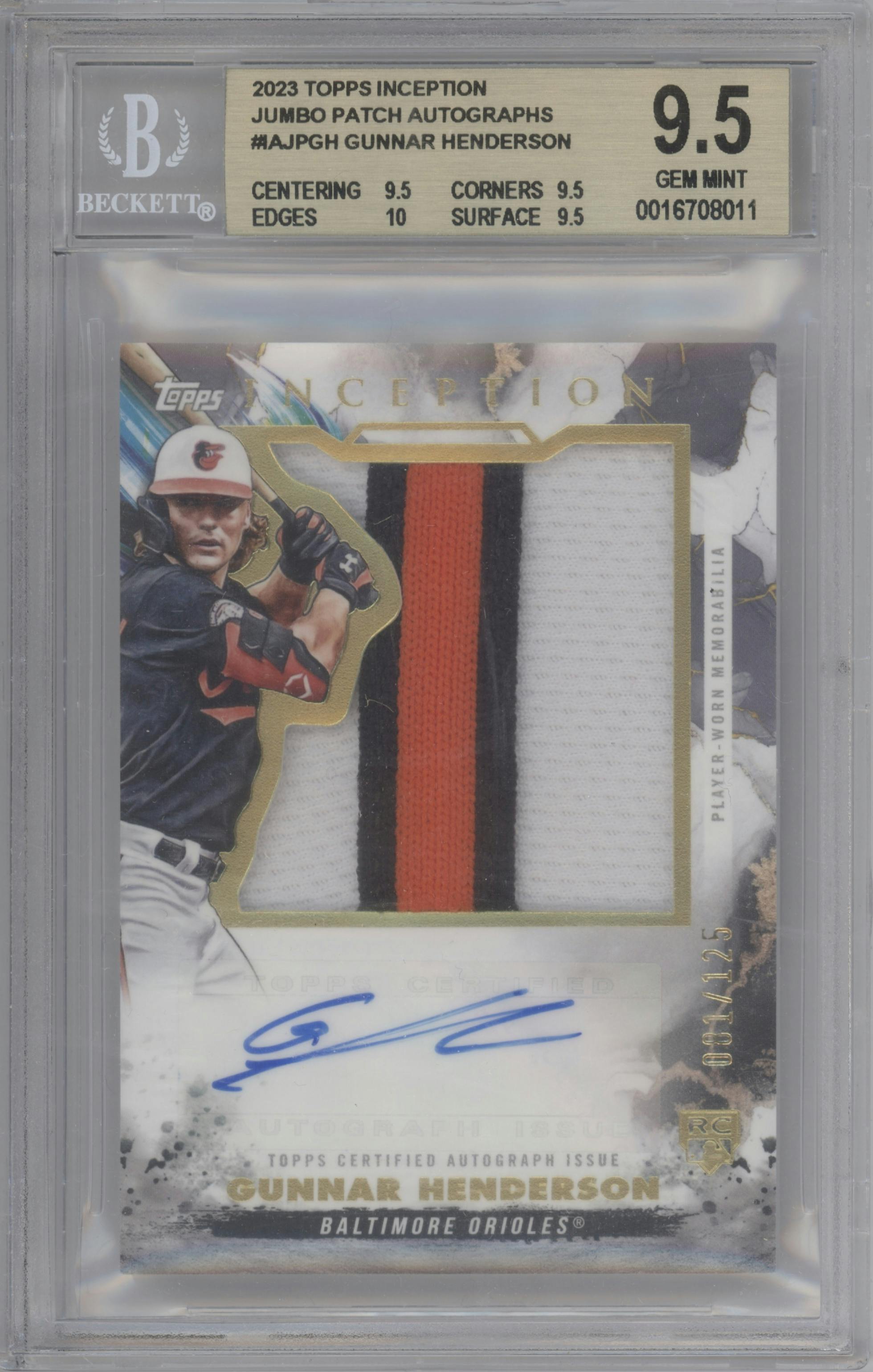 Gunnar Henderson from the 2023 Topps Inception set graded by Beckett and given an overall grade of 9.5.
