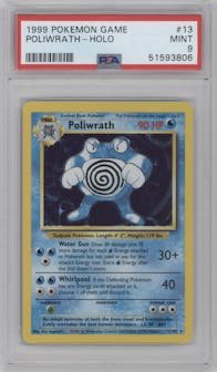 Poliwrath from the 1999 Pokemon set graded by PSA and given an overall grade of 9.