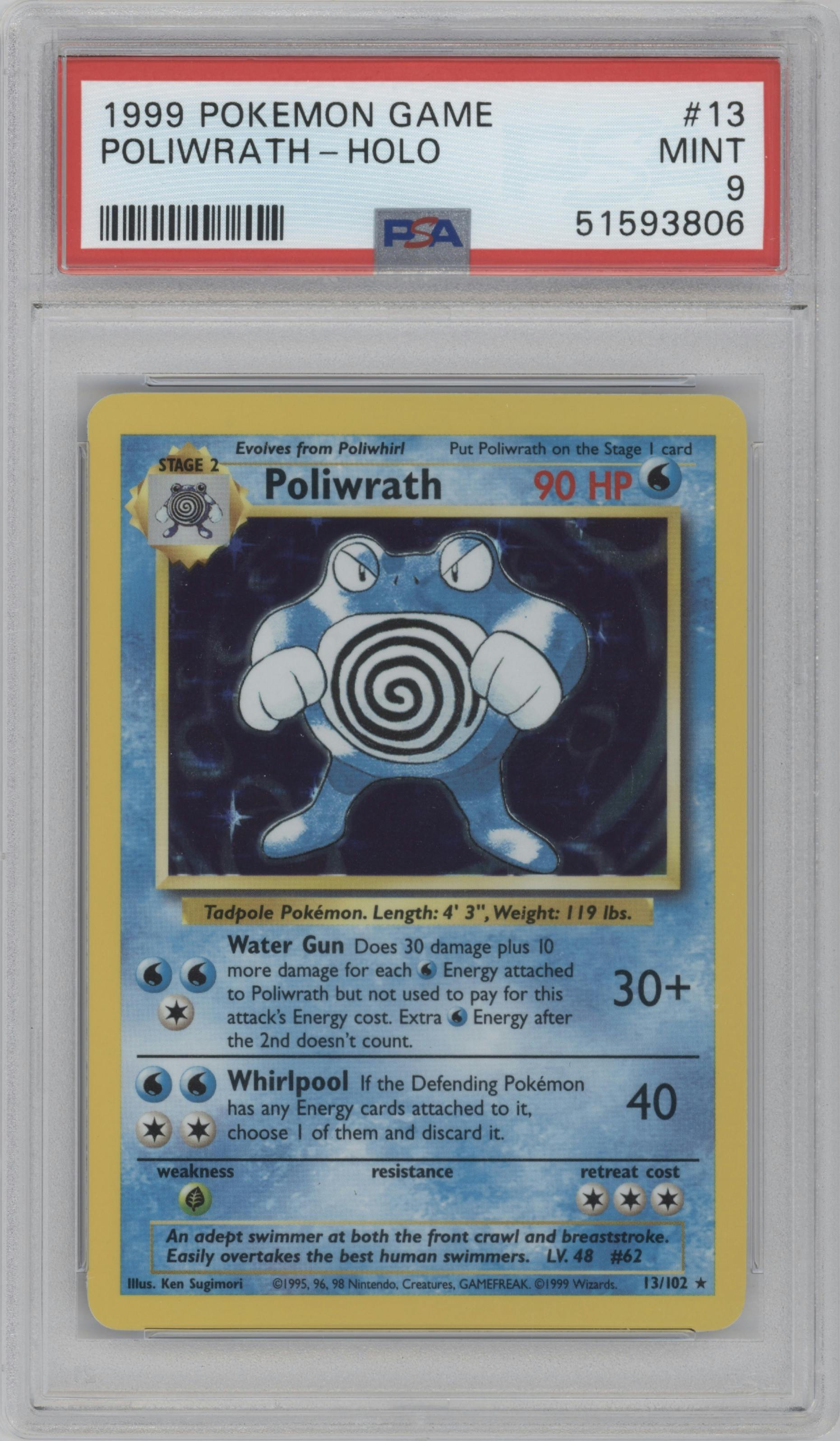 Poliwrath from the 1999 Pokemon set graded by PSA and given an overall grade of 9.