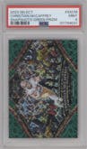 Christian McCaffrey from the 2023 Panini Select set featuring a Green Prizm parallel graded by PSA and given an overall grade of 9.