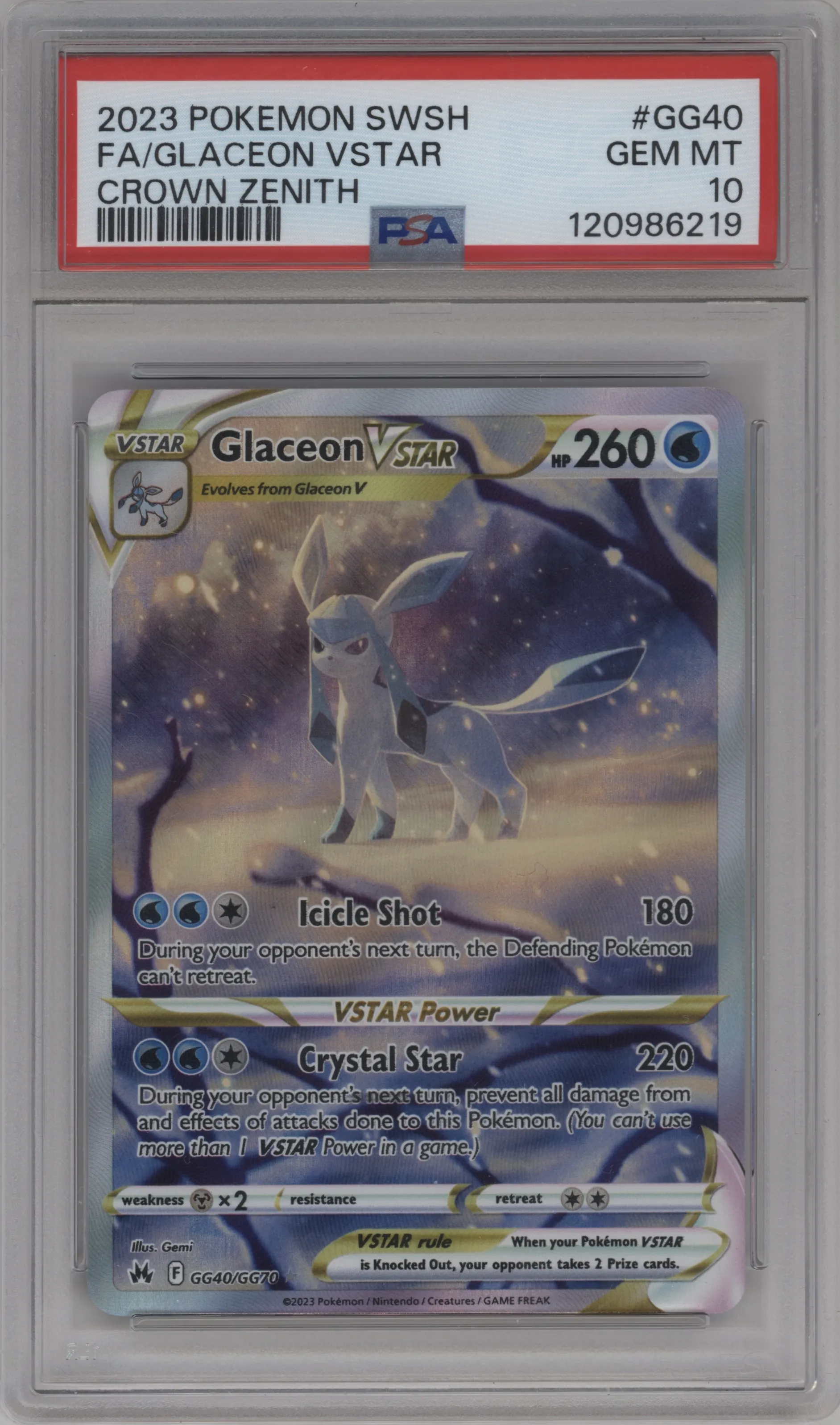 2023 Pokemon SWSH Crown Zenith GG Glaceon Vstar #GG40 PSA 10