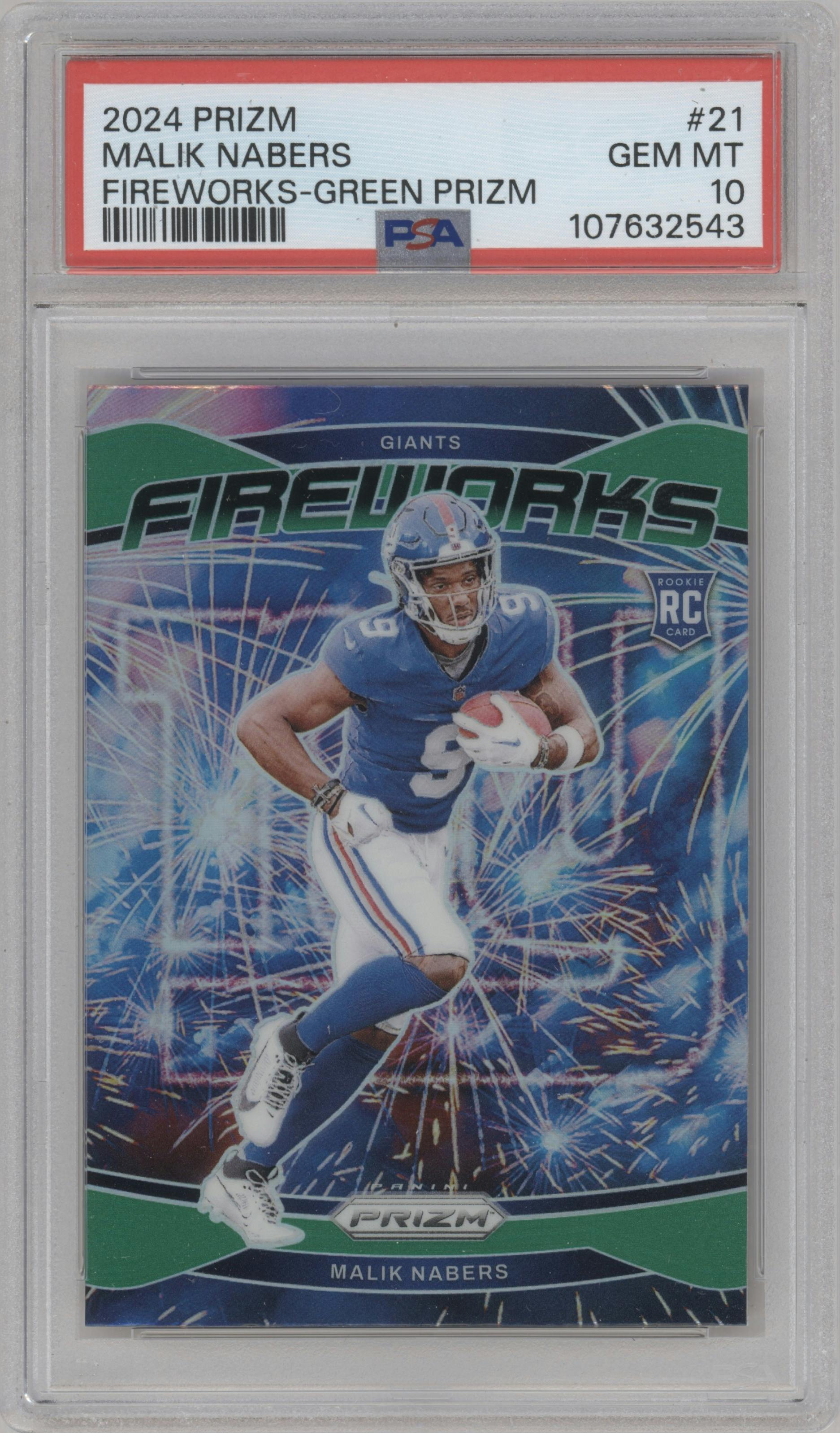 Malik Nabers from the 2024 Panini Prizm set featuring a Green Prizm parallel graded by PSA and given an overall grade of 10.