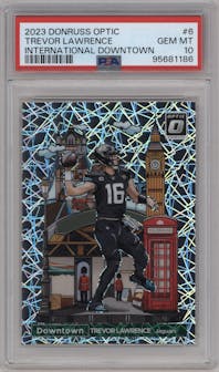 Trevor Lawrence from the 2023 Donruss Optic set graded by PSA and given an overall grade of 10.