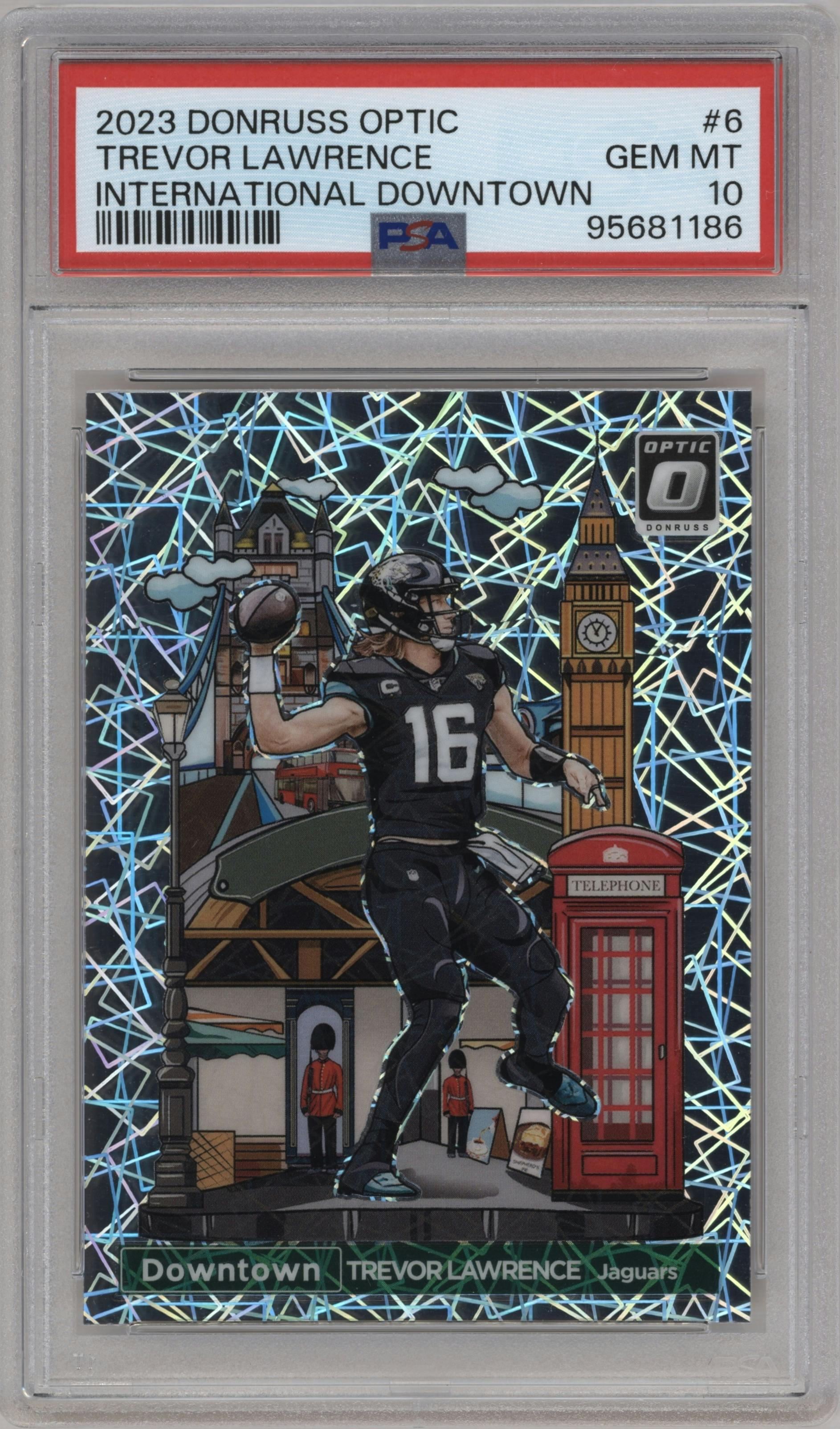 Trevor Lawrence from the 2023 Donruss Optic set graded by PSA and given an overall grade of 10.