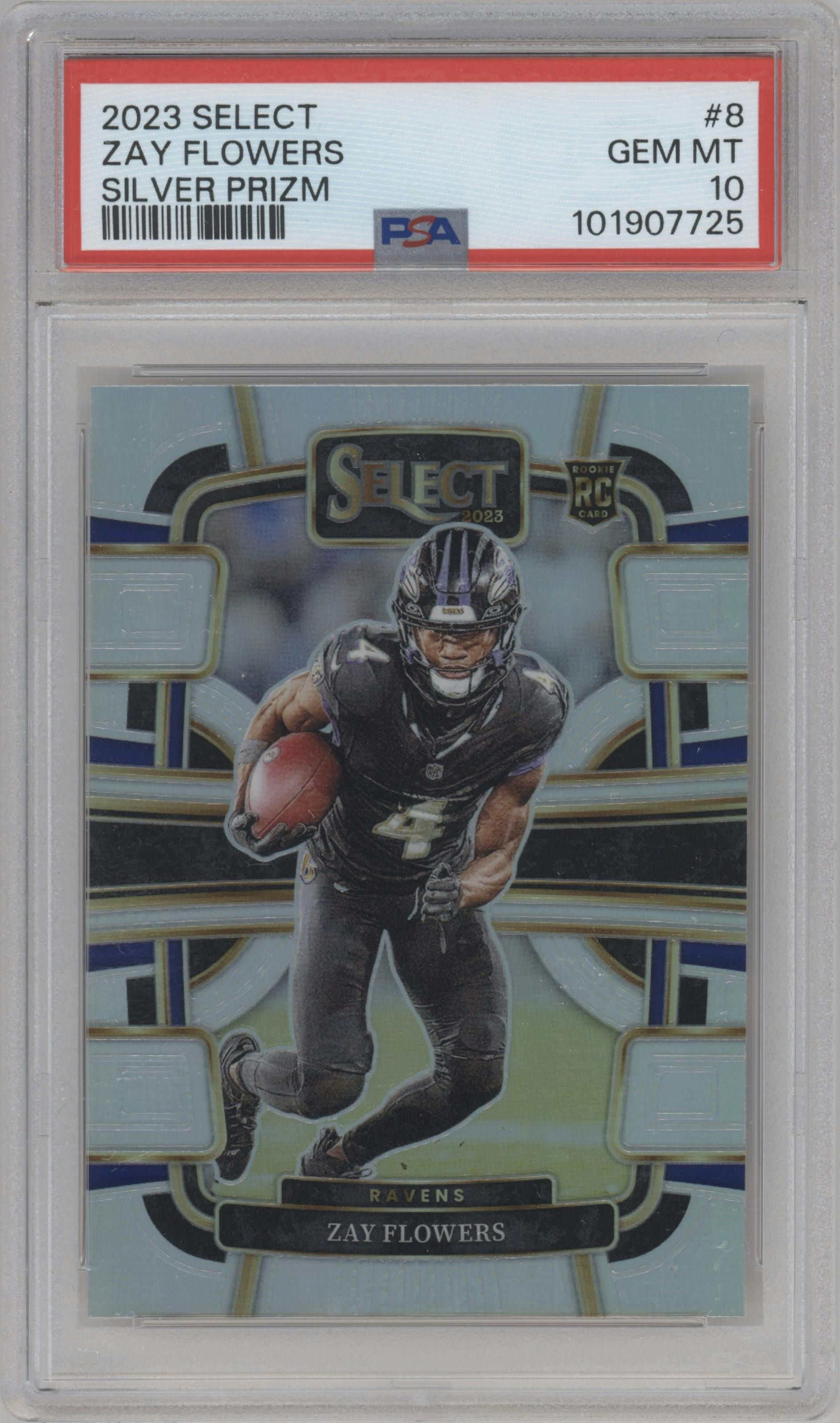 Zay Flowers from the 2023 Panini Select set featuring a Silver Prizm parallel graded by PSA and given an overall grade of 10.