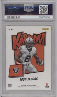 Josh Jacobs from the 2023 Panini Absolute set featuring a Gold parallel graded by PSA and given an overall grade of 9.