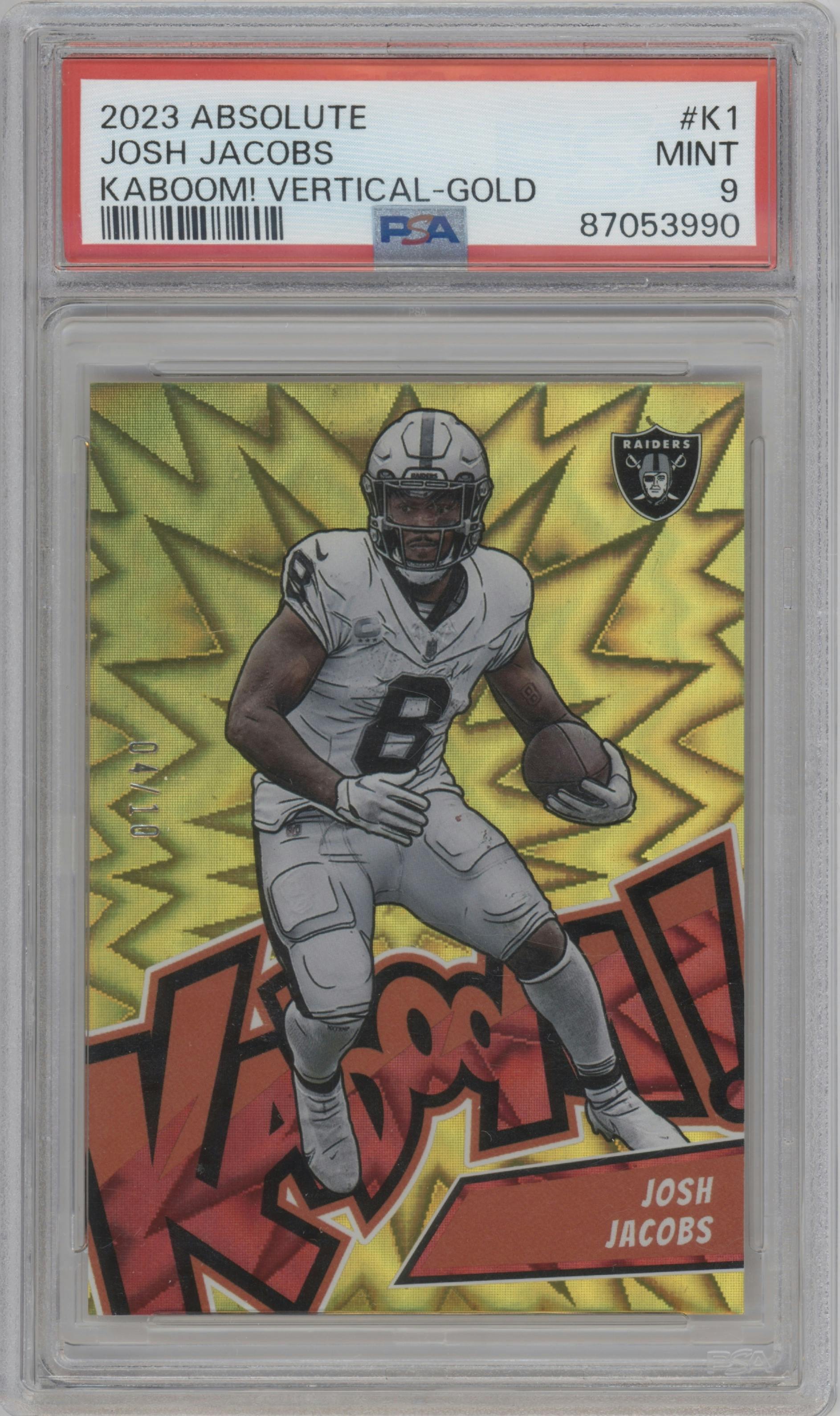 Josh Jacobs from the 2023 Panini Absolute set featuring a Gold parallel graded by PSA and given an overall grade of 9.