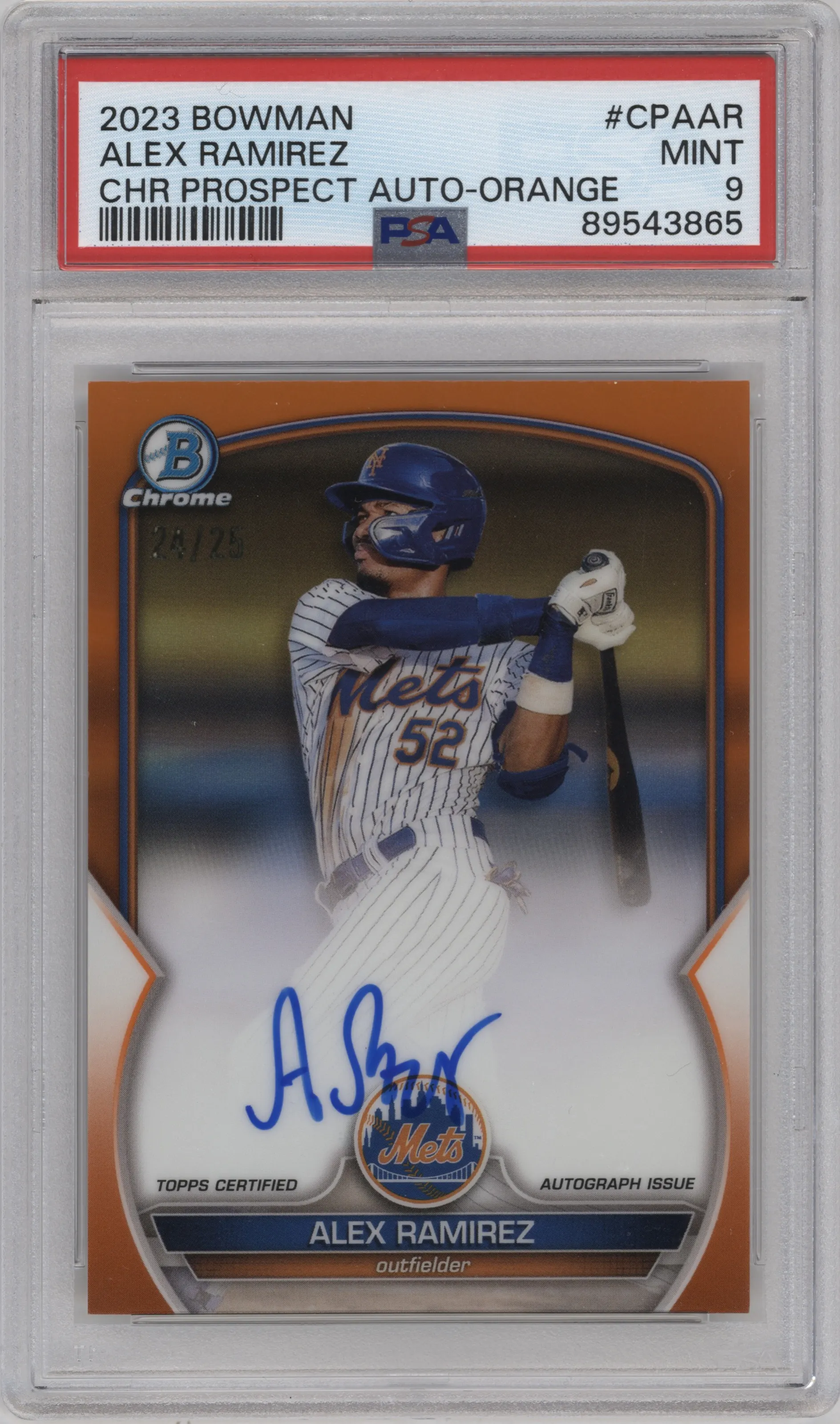 Alex Ramirez from the 2023 Bowman  set featuring a Orange Refractor parallel graded by PSA and given an overall grade of 9.