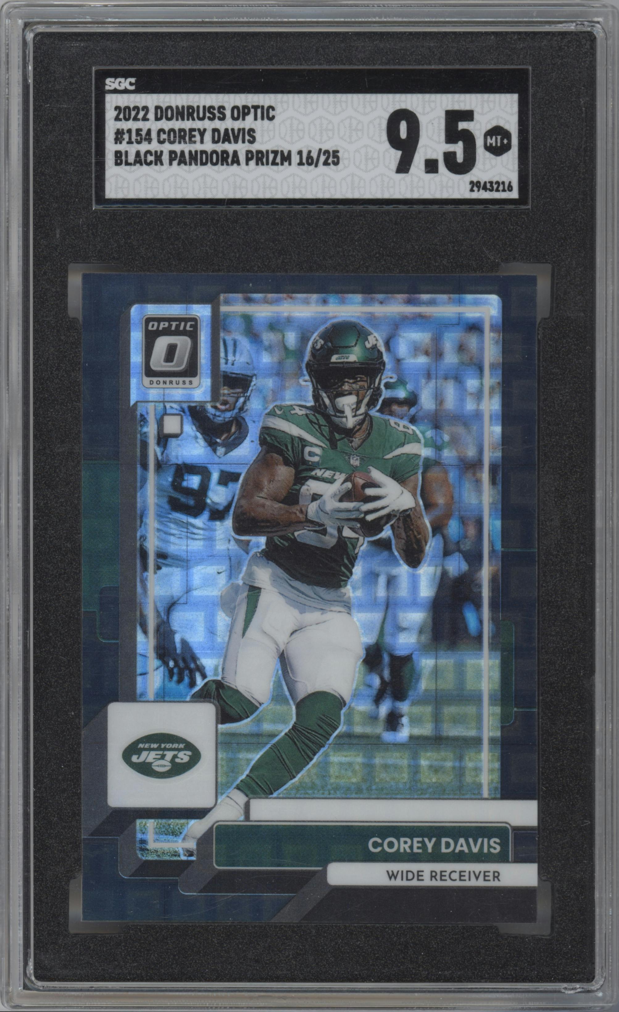 Corey Davis from the 2022 Panini Donruss Optic set featuring a Black Pandora parallel graded by SGC and given an overall grade of 9.5.