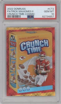 Patrick Mahomes II from the 2022 Panini Donruss set featuring a Cosmic parallel graded by PSA and given an overall grade of 10.