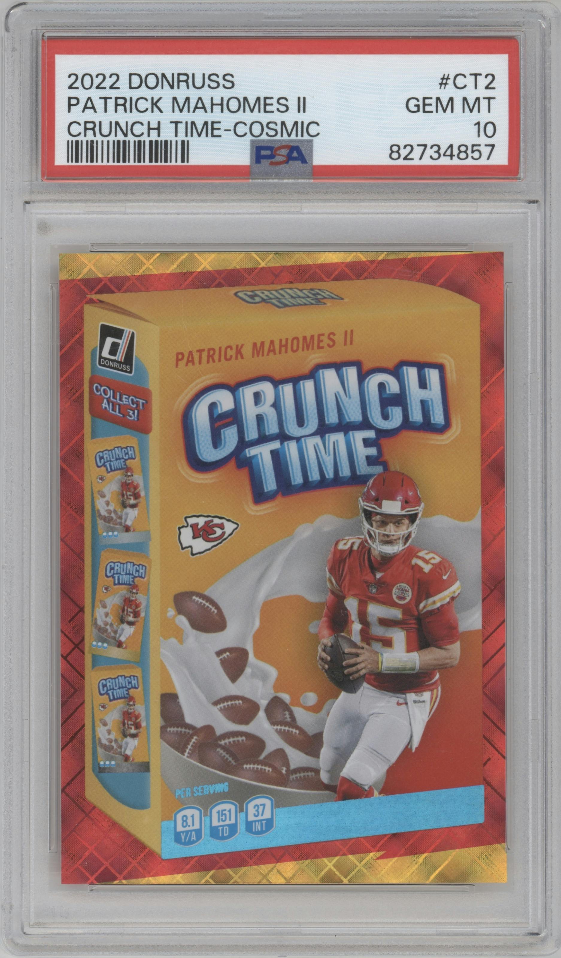 Patrick Mahomes II from the 2022 Panini Donruss set featuring a Cosmic parallel graded by PSA and given an overall grade of 10.