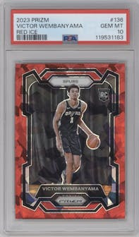 Victor Wembanyama from the 2023-24 Panini Prizm set featuring a Red Ice parallel graded by PSA and given an overall grade of 10.