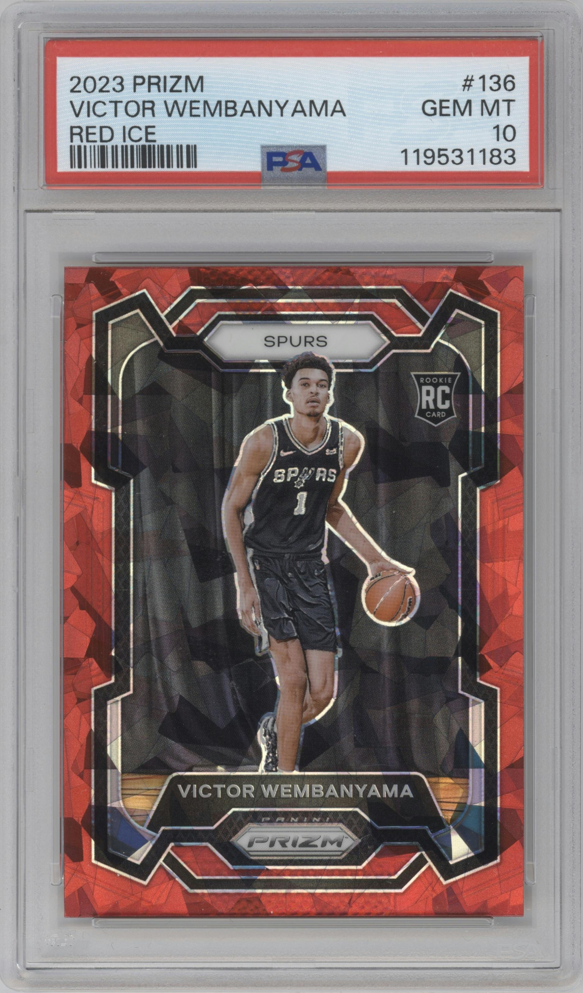 Victor Wembanyama from the 2023-24 Panini Prizm set featuring a Red Ice parallel graded by PSA and given an overall grade of 10.