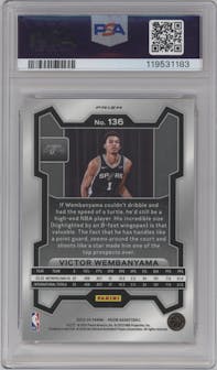 Victor Wembanyama from the 2023-24 Panini Prizm set featuring a Red Ice parallel graded by PSA and given an overall grade of 10.