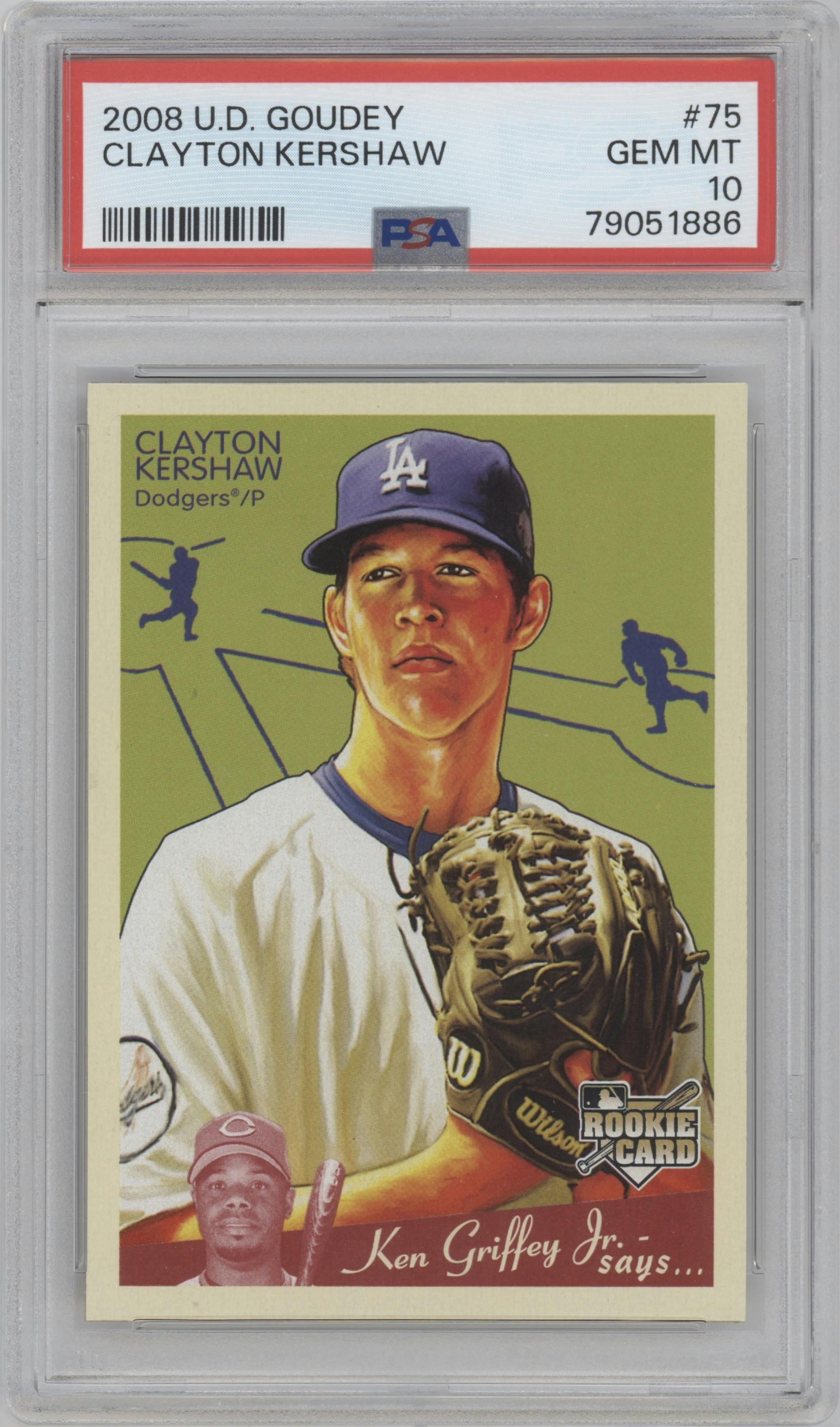 Clayton Kershaw from the 2008 Upper Deck Goudey set graded by PSA and given an overall grade of 10.