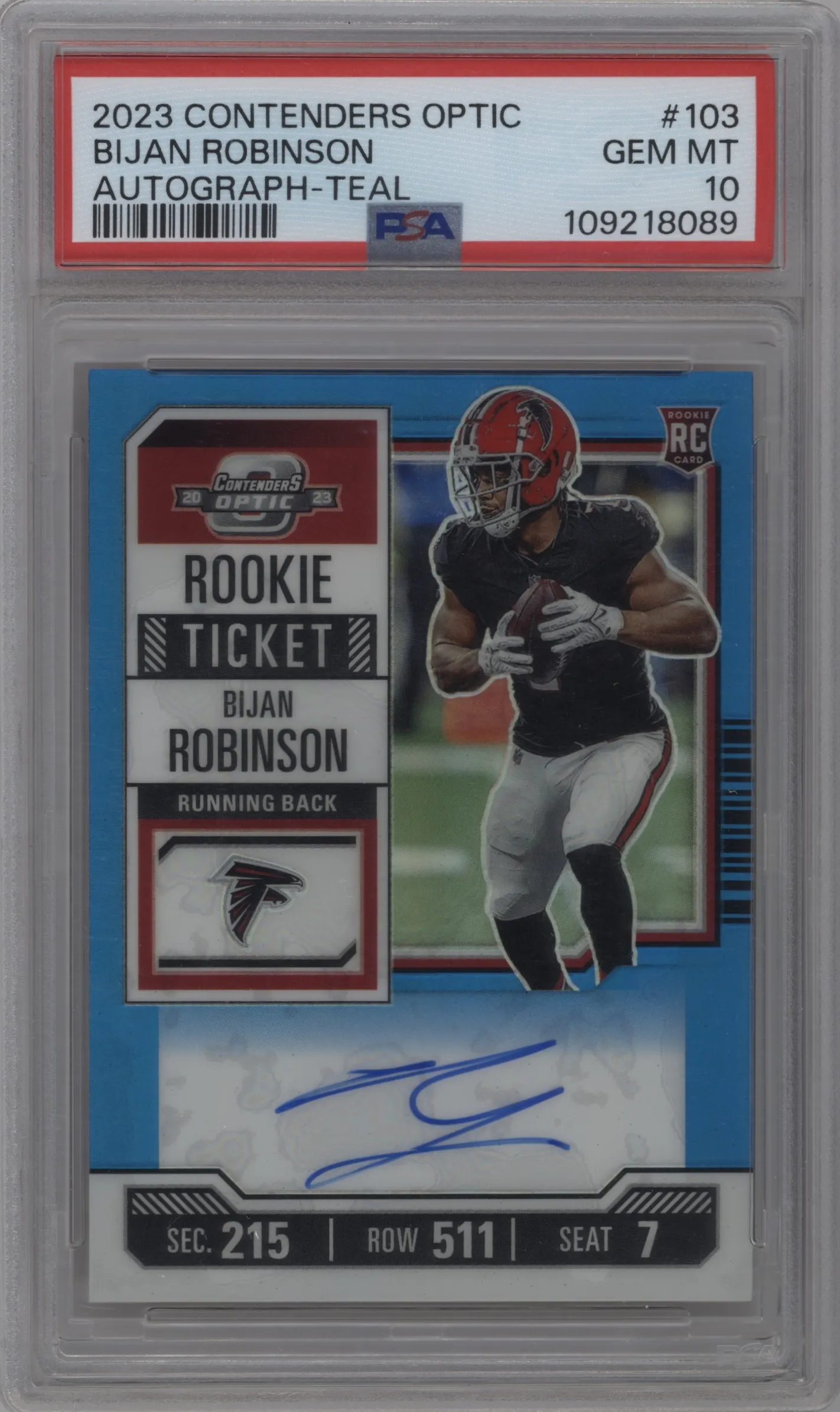 2023 Panini Contenders Optic Rke.Tkt.Auto Bijan Robinson Teal #103 PSA 10