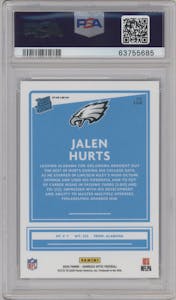 Jalen Hurts from the 2020 Panini Donruss Optic set featuring a Purple Shock parallel graded by PSA and given an overall grade of 10.
