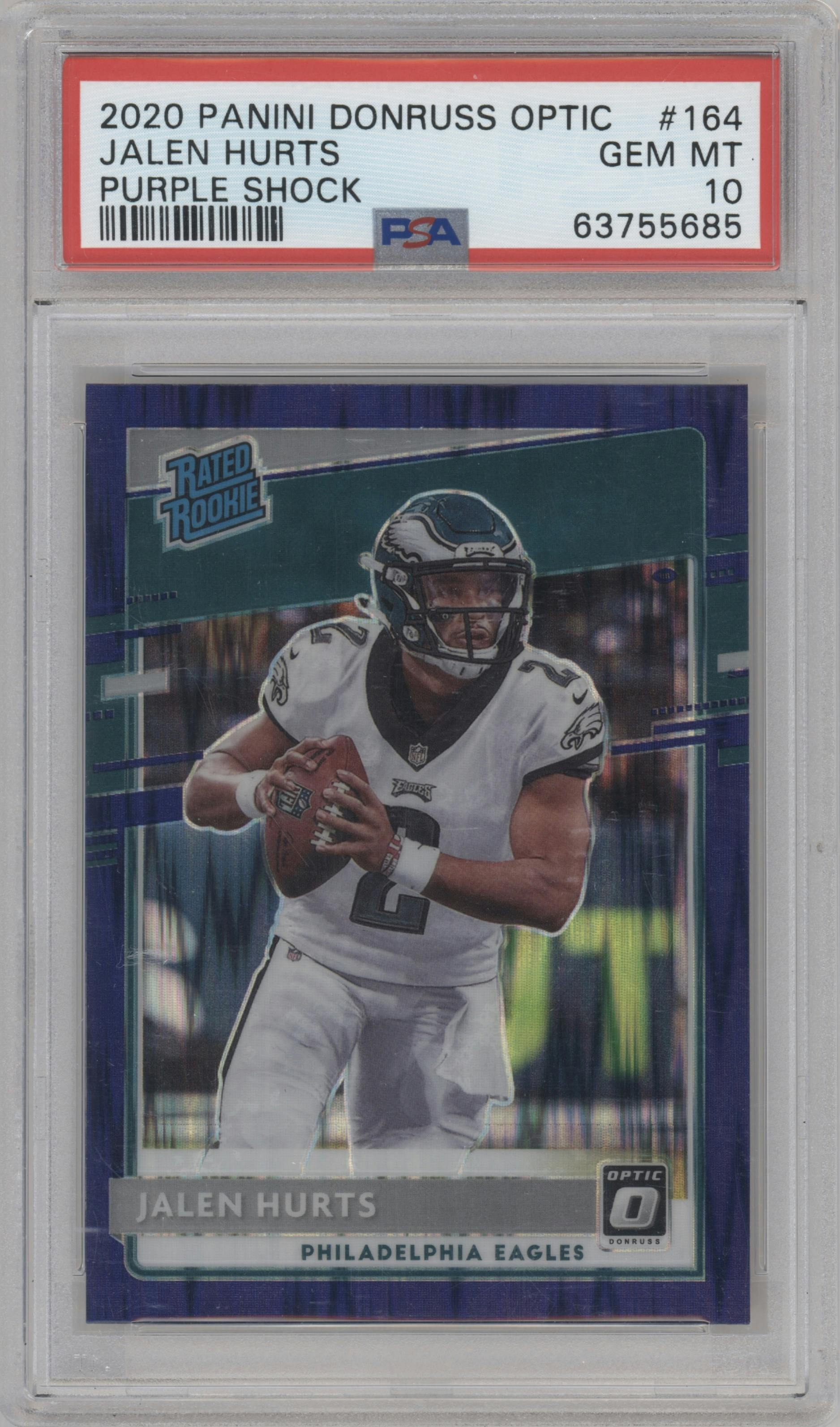 Jalen Hurts from the 2020 Panini Donruss Optic set featuring a Purple Shock parallel graded by PSA and given an overall grade of 10.