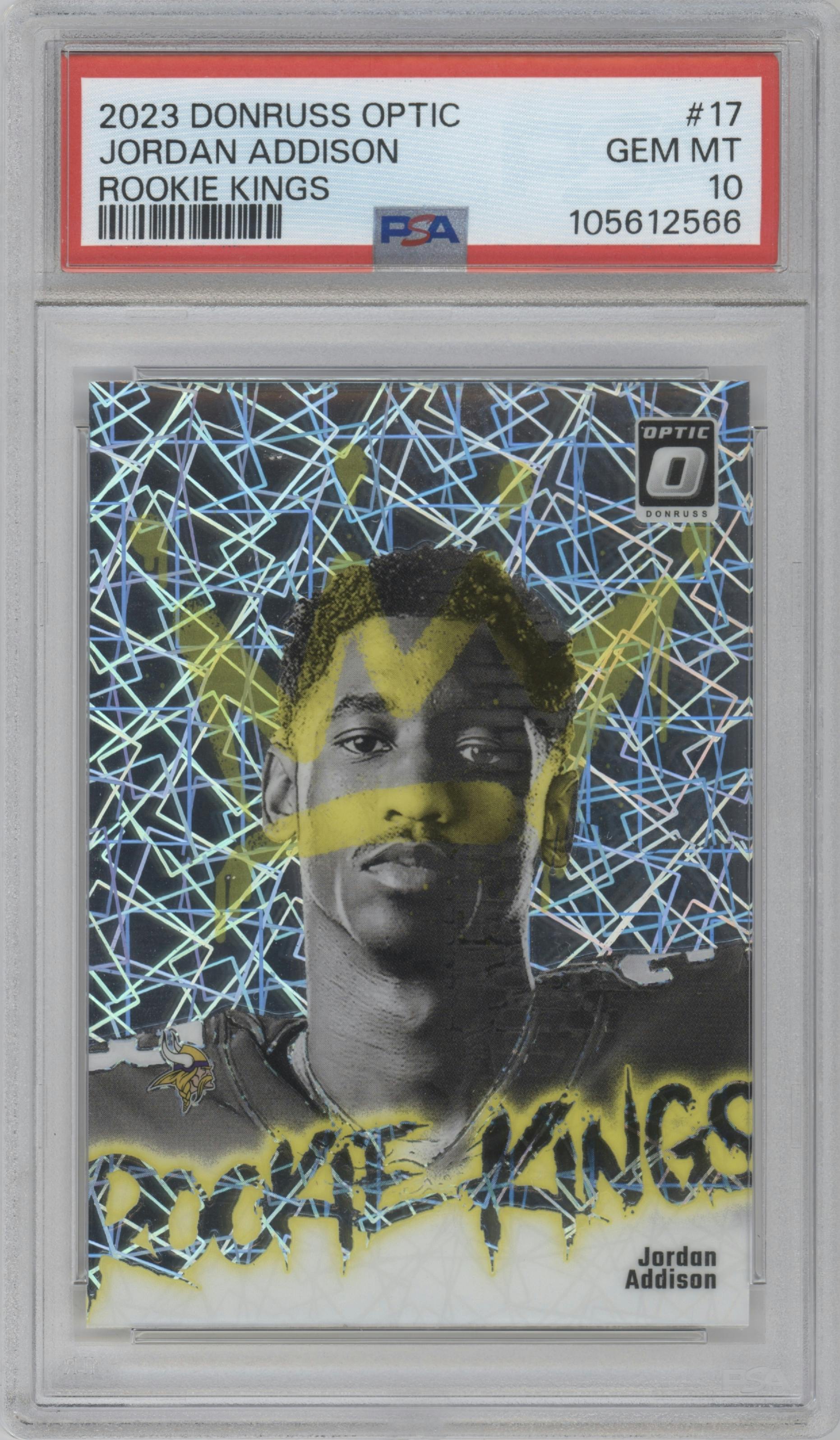 Jordan Addison from the 2023 Donruss Optic set graded by PSA and given an overall grade of 10.