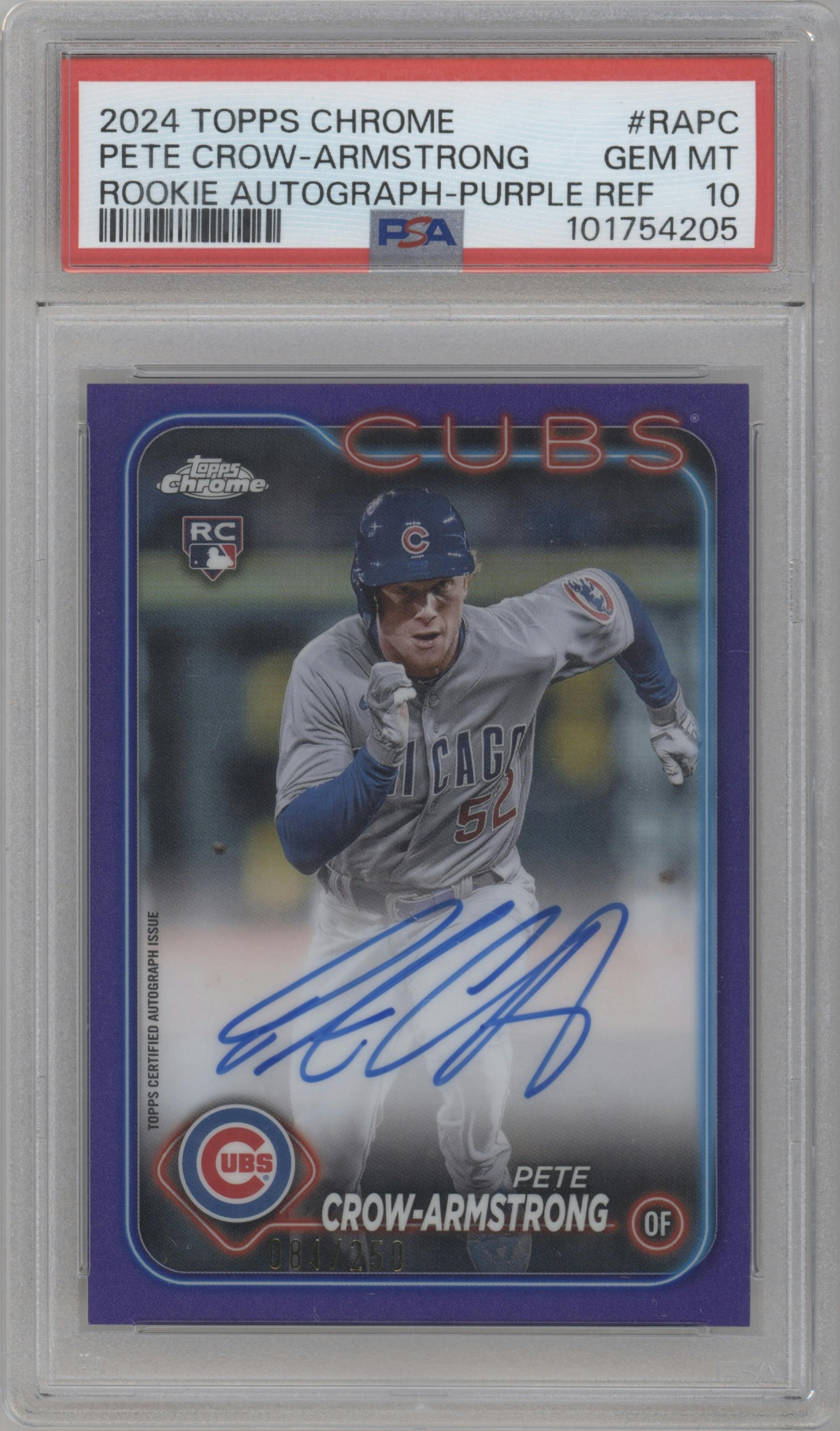 Pete Crow-Armstrong from the 2024 Topps Chrome set featuring a Purple Refractor parallel graded by PSA and given an overall grade of 10.