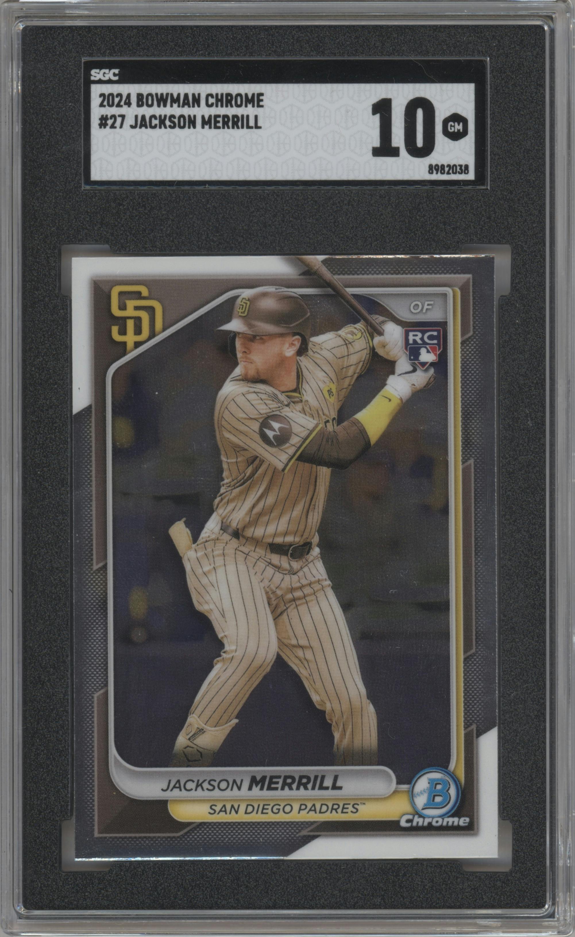 Jackson Merrill from the 2024 Bowman Chrome set graded by SGC and given an overall grade of 10.