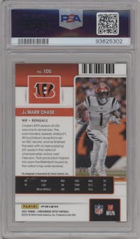 Ja'Marr Chase from the 2021 Panini Contenders Optic set featuring a Gold parallel graded by PSA and given an overall grade of 9.
