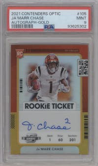 Ja'Marr Chase from the 2021 Panini Contenders Optic set featuring a Gold parallel graded by PSA and given an overall grade of 9.