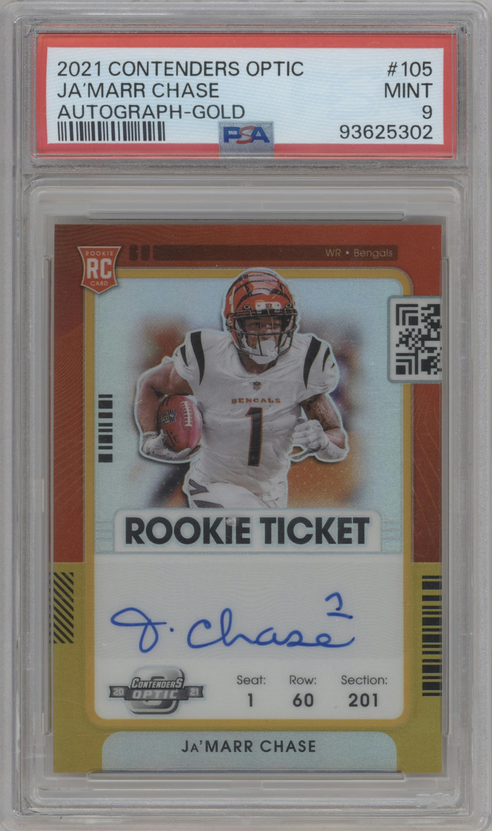 Ja'Marr Chase from the 2021 Panini Contenders Optic set featuring a Gold parallel graded by PSA and given an overall grade of 9.