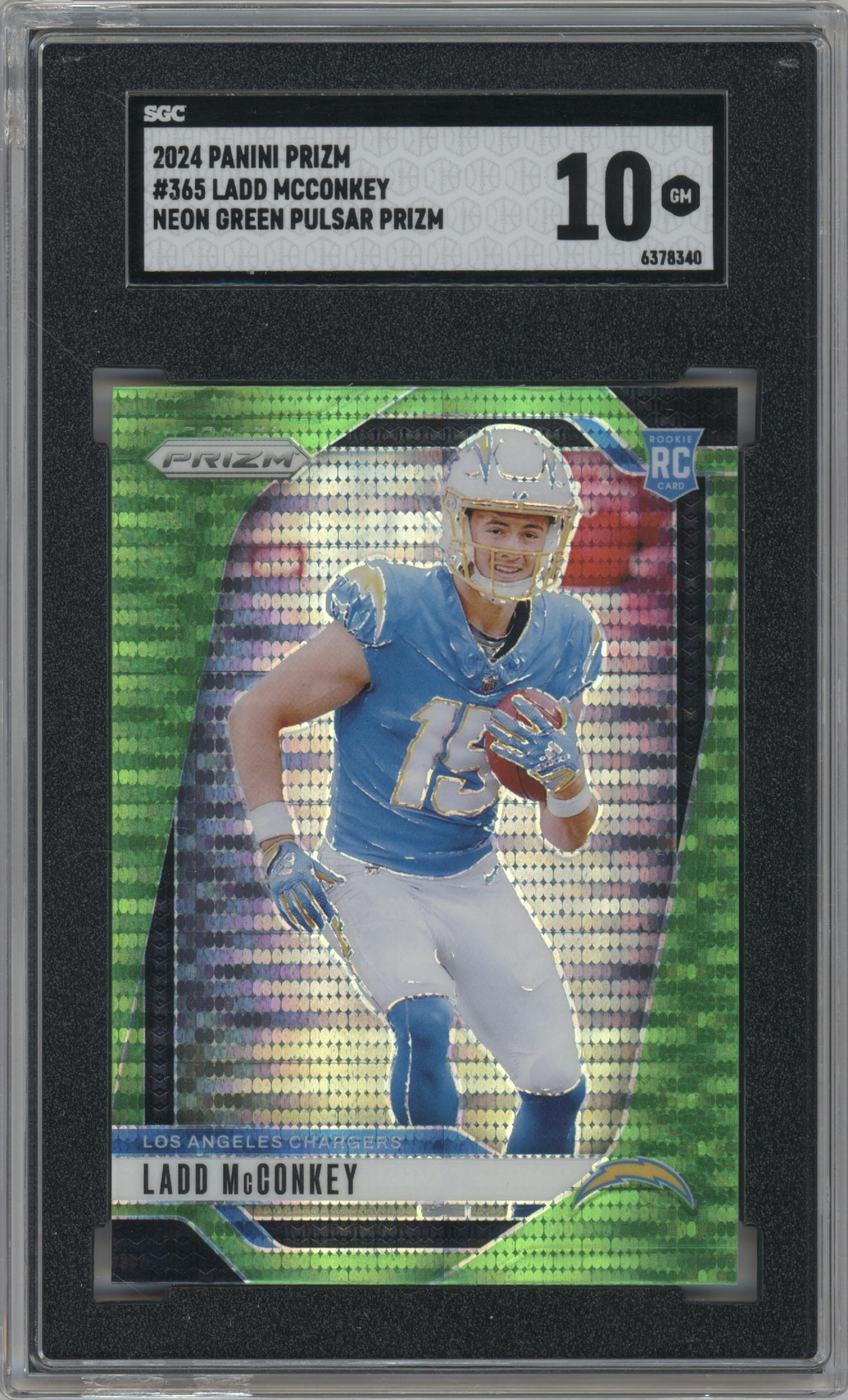 Ladd McConkey from the 2024 Panini Prizm set featuring a Neon Green Pulsar  parallel graded by SGC and given an overall grade of 10.