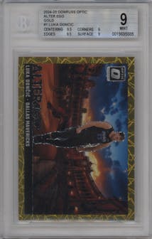 Luka Doncic from the 2024-25 Donruss Optic set featuring a Gold parallel graded by Beckett and given an overall grade of 9.
