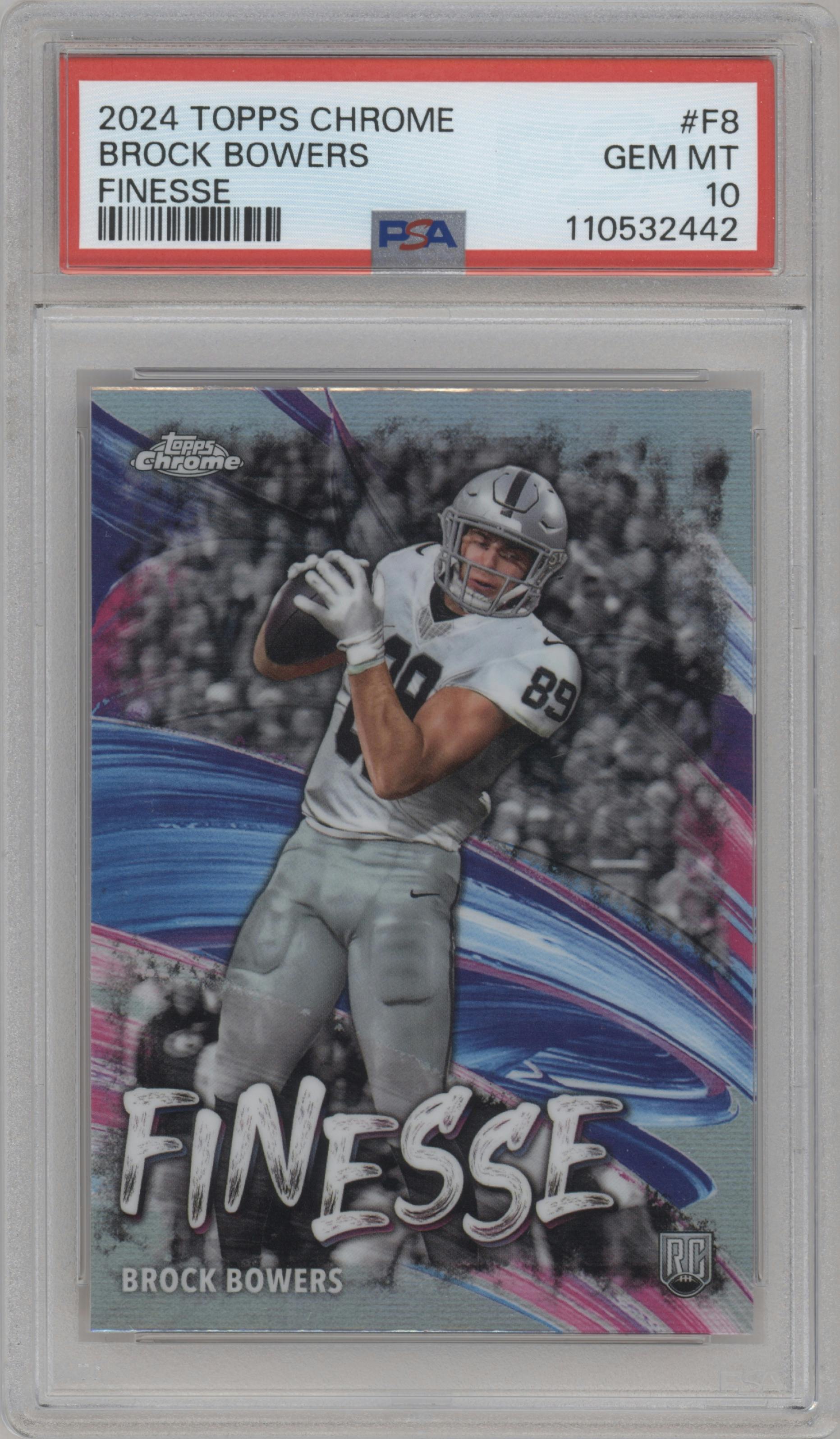 Brock Bowers from the 2024 Topps Chrome set featuring a Refractor parallel graded by PSA and given an overall grade of 10.