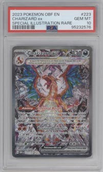 Charizard ex from the 2023 Pokemon SV set graded by PSA and given an overall grade of 10.
