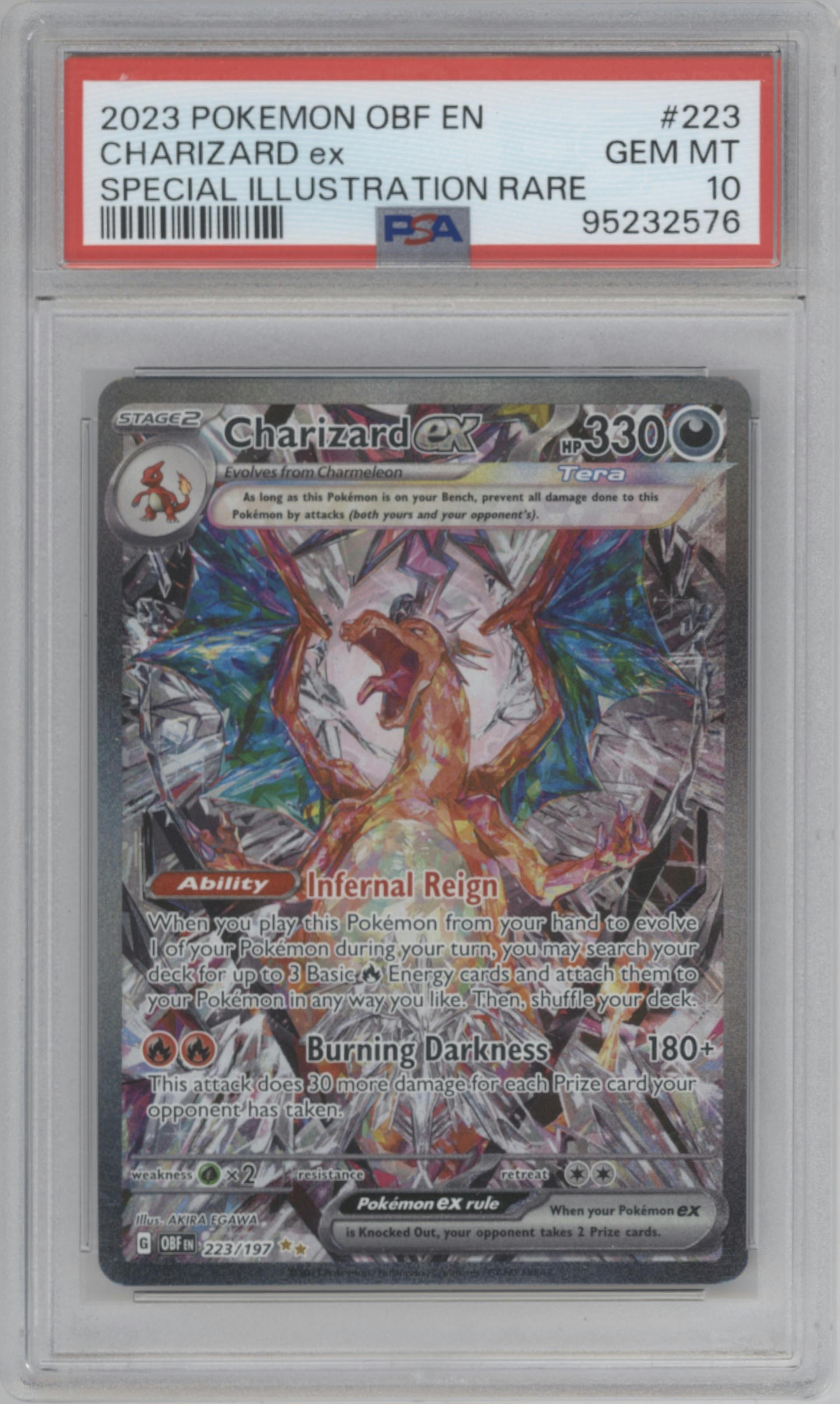 Charizard ex from the 2023 Pokemon SV set graded by PSA and given an overall grade of 10.