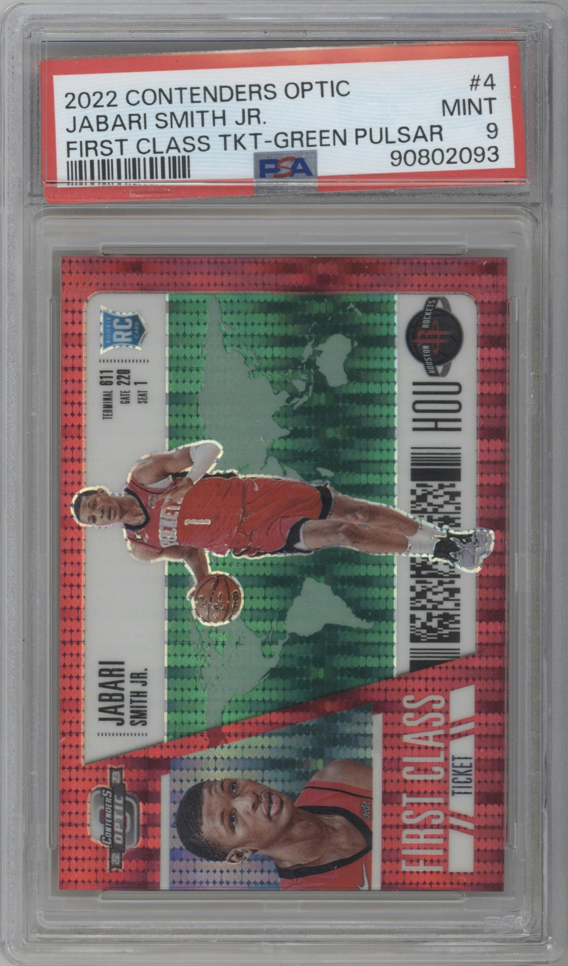 Jabari Smith Jr. from the 2022-23 Panini Contenders Optic set featuring a Green Pulsar parallel graded by PSA and given an overall grade of 9.