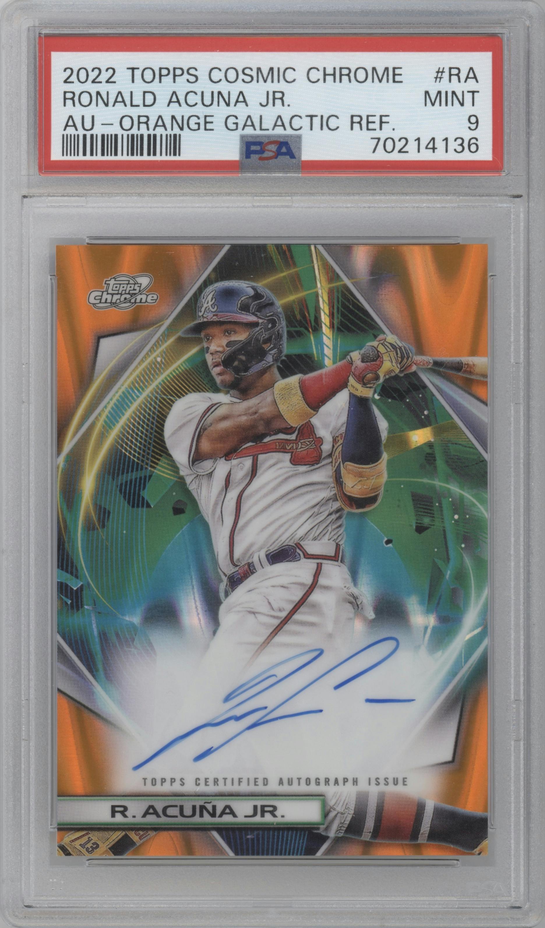 Ronald Acuna Jr. from the 2022 Topps Cosmic Chrome set featuring a Orange Galactic Refractor parallel graded by PSA and given an overall grade of 9.