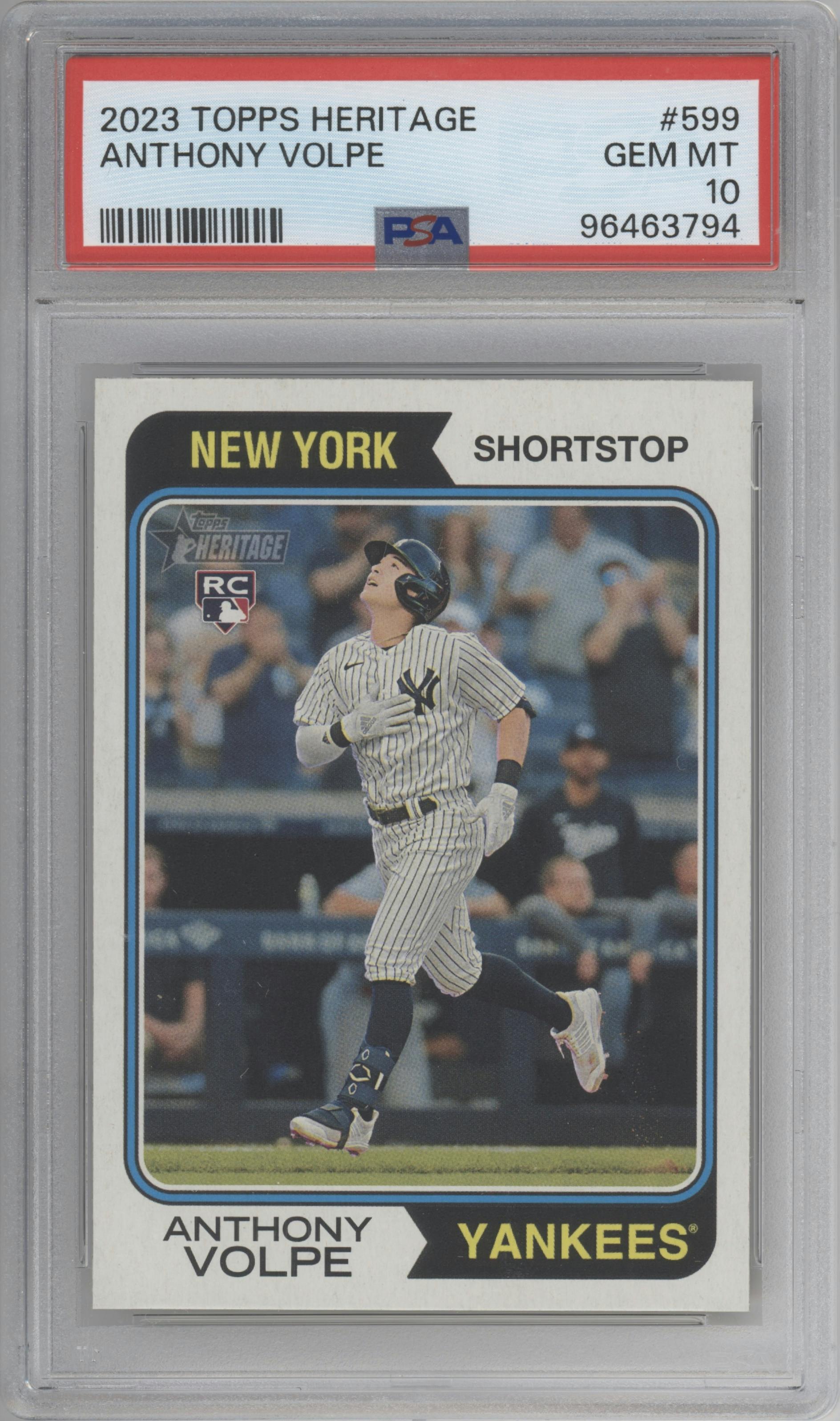Anthony Volpe from the 2023 Topps Heritage High Number  set graded by PSA and given an overall grade of 10.