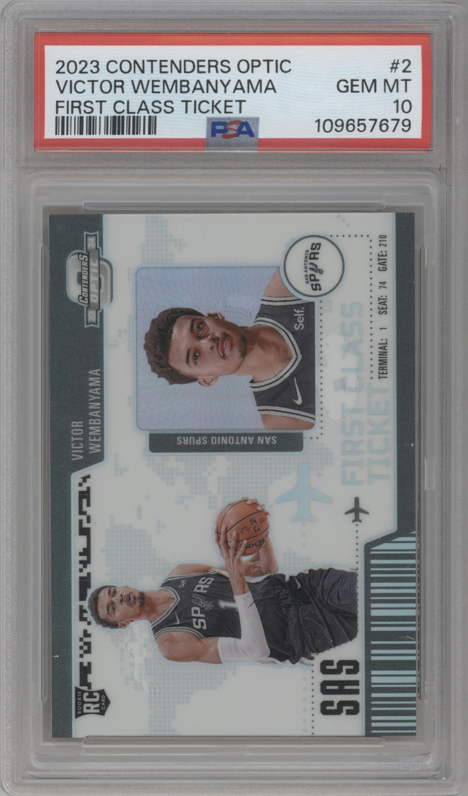 Victor Wembanyama from the 2023-24 Panini Contenders Optic set graded by PSA and given an overall grade of 10.