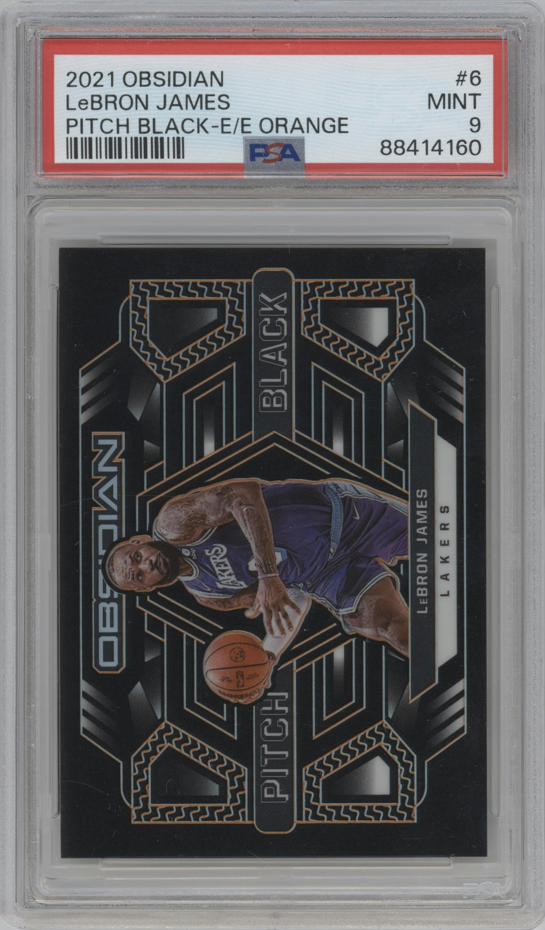 LeBron James from the 2021-22 Panini Obsidian set featuring a Electric Etch Orange parallel graded by PSA and given an overall grade of 9.