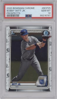Bobby Witt Jr. from the 2020 Bowman set graded by PSA and given an overall grade of 10.