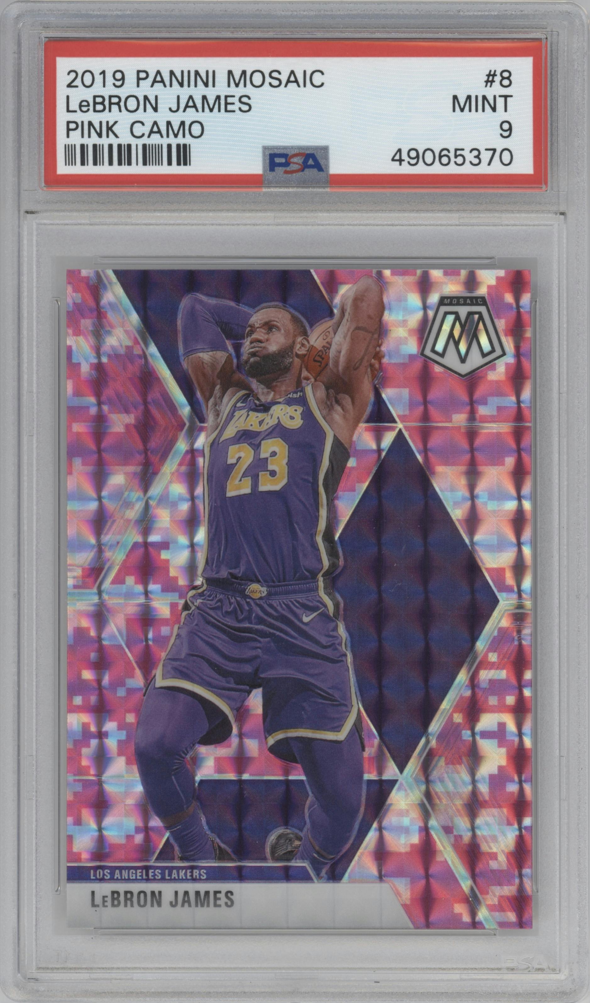 LeBron James from the 2019-20 Panini Mosaic  set featuring a Pink Camo parallel graded by PSA and given an overall grade of 9.