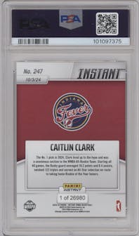 Caitlin Clark from the 2024-25 Panini Instant WNBA set graded by PSA and given an overall grade of 10.