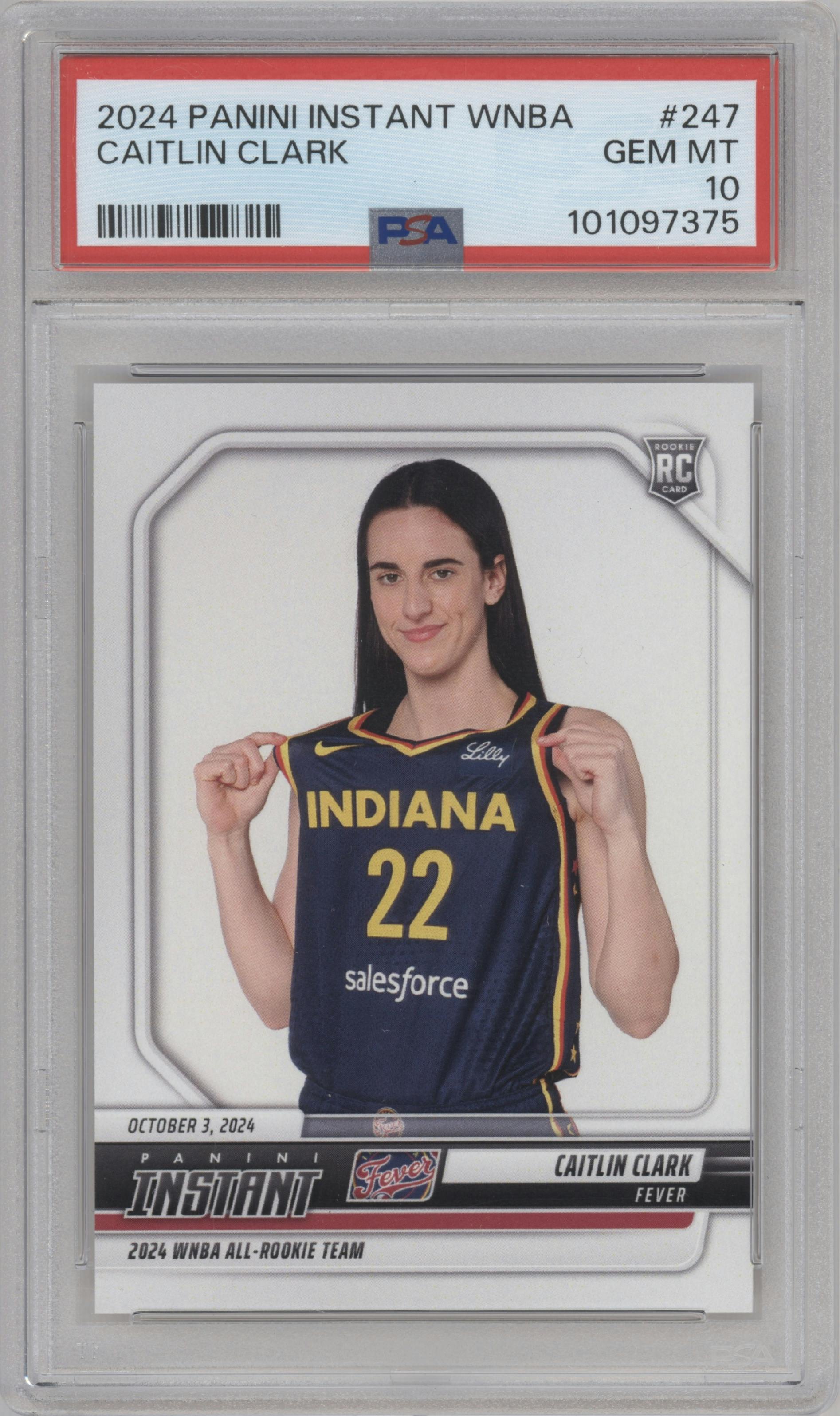 Caitlin Clark from the 2024-25 Panini Instant WNBA set graded by PSA and given an overall grade of 10.