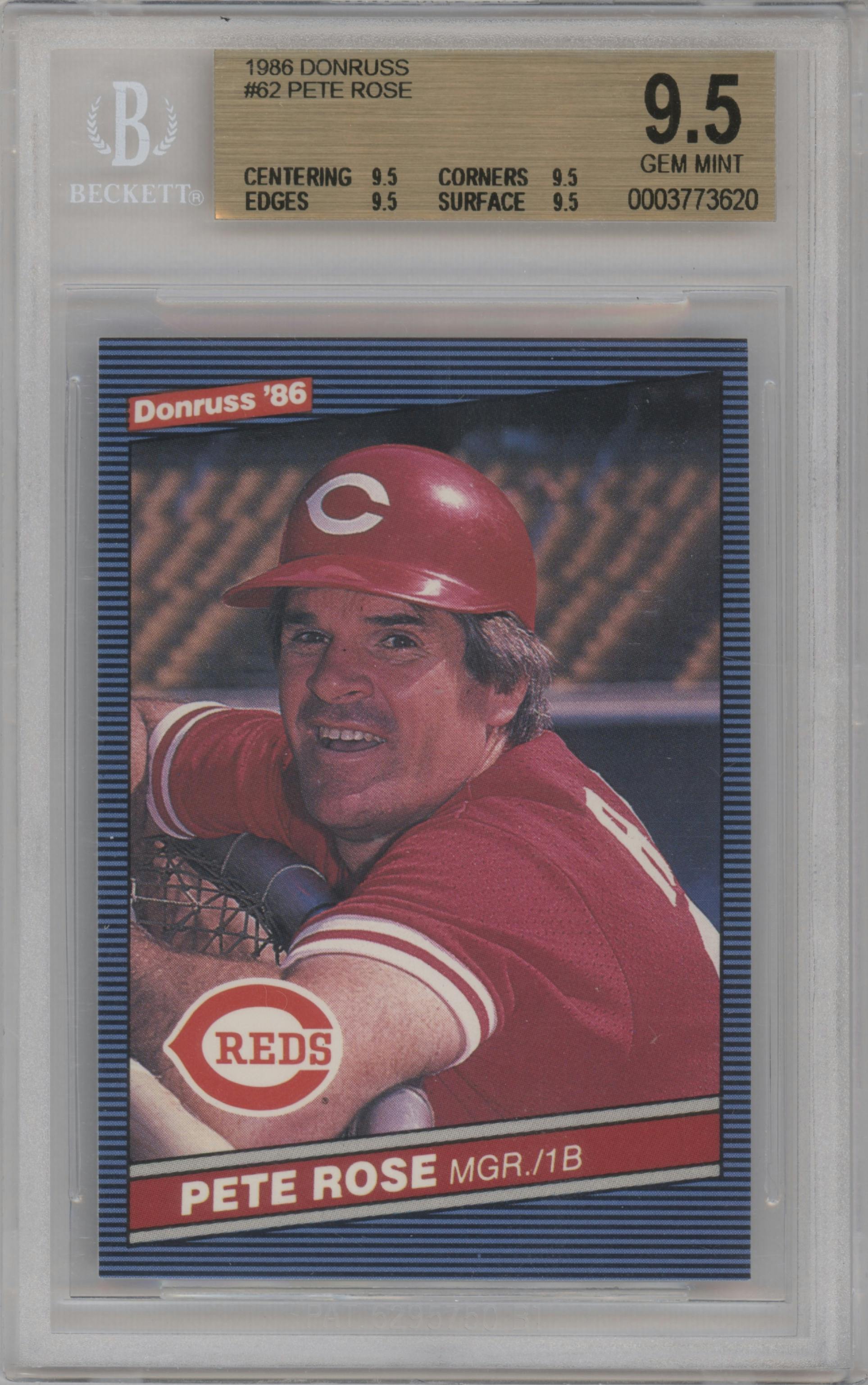 Pete Rose from the 1986 Donruss set graded by Beckett and given an overall grade of 9.5.