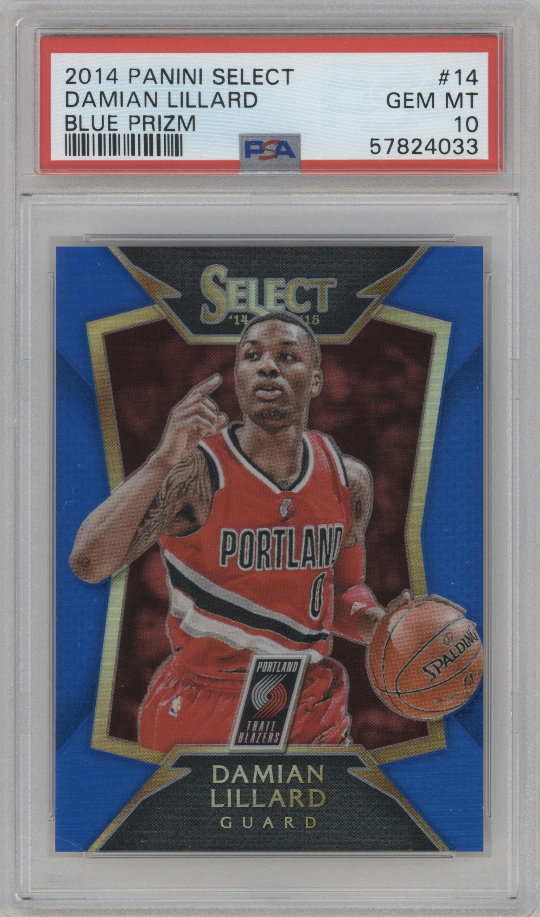 Damian Lillard from the 2014-15 Panini Select set featuring a Blue Prizm parallel graded by PSA and given an overall grade of 10.